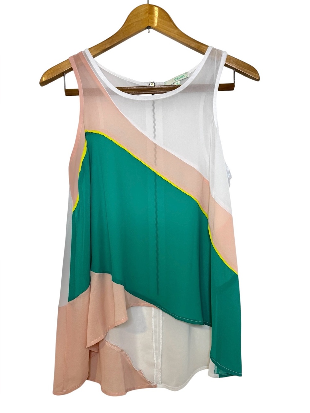 Chord Sheer Colorblock Asymmetrical Tank Top White Green Pink Yellow Size M‎